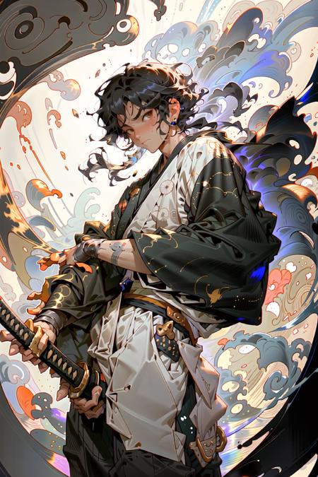 00562-375089407-sword, weapon, katana, bubble, water_drop, holding_sword, holding_weapon, sheath, black_hair, earrings, wide_sleeves, air_bubble.png